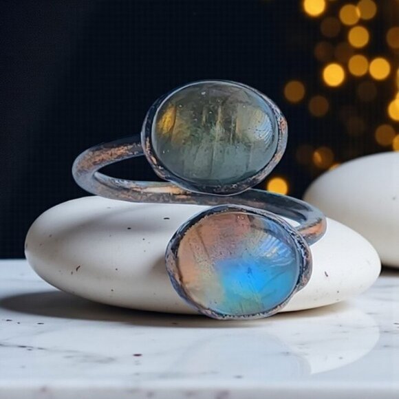 🆕 Boho Vintage Labradorite Ring Adjustable Open Wrap Handmade Copper Finish - Picture 6 of 10